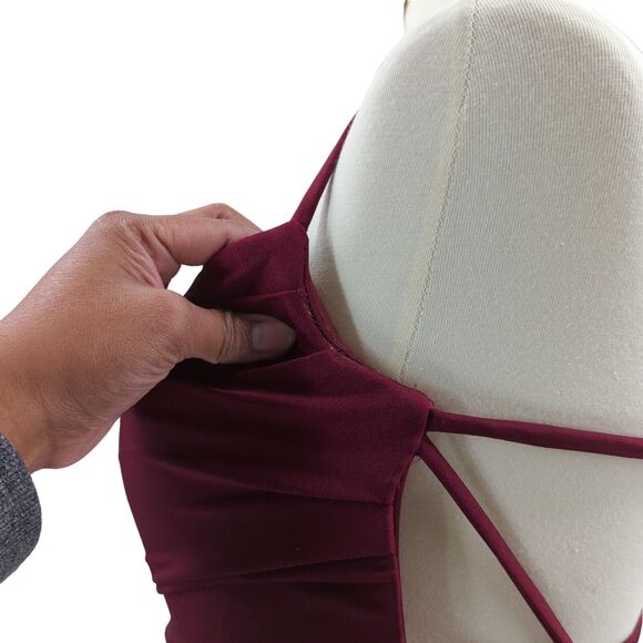 La Femme Women 10 Gown Dress Dark Berry Red 29710 Jersey Square Neck Slit Ruched - Picture 7 of 11